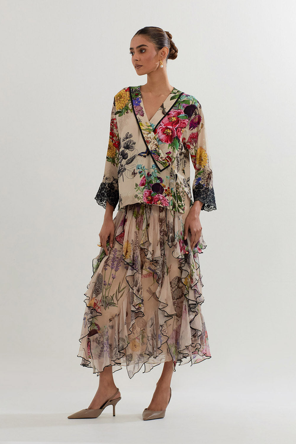 Multi Colour Wrap Blouse With Skirt