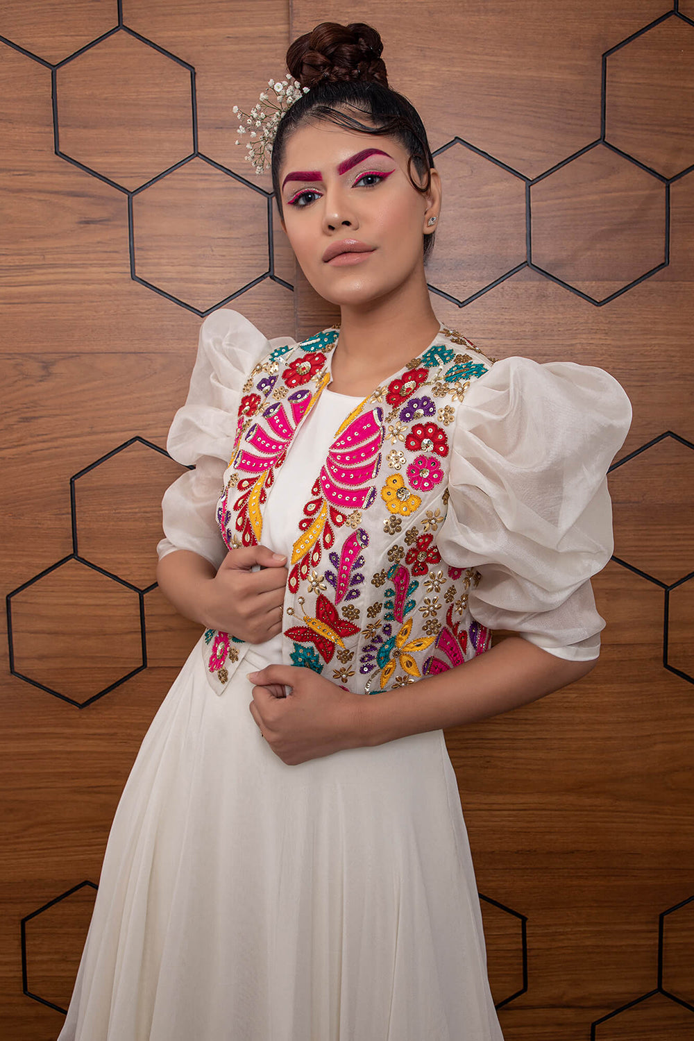 Multi-Layer Assymetrical Gown with Flare Pants and Embroidered Jacket