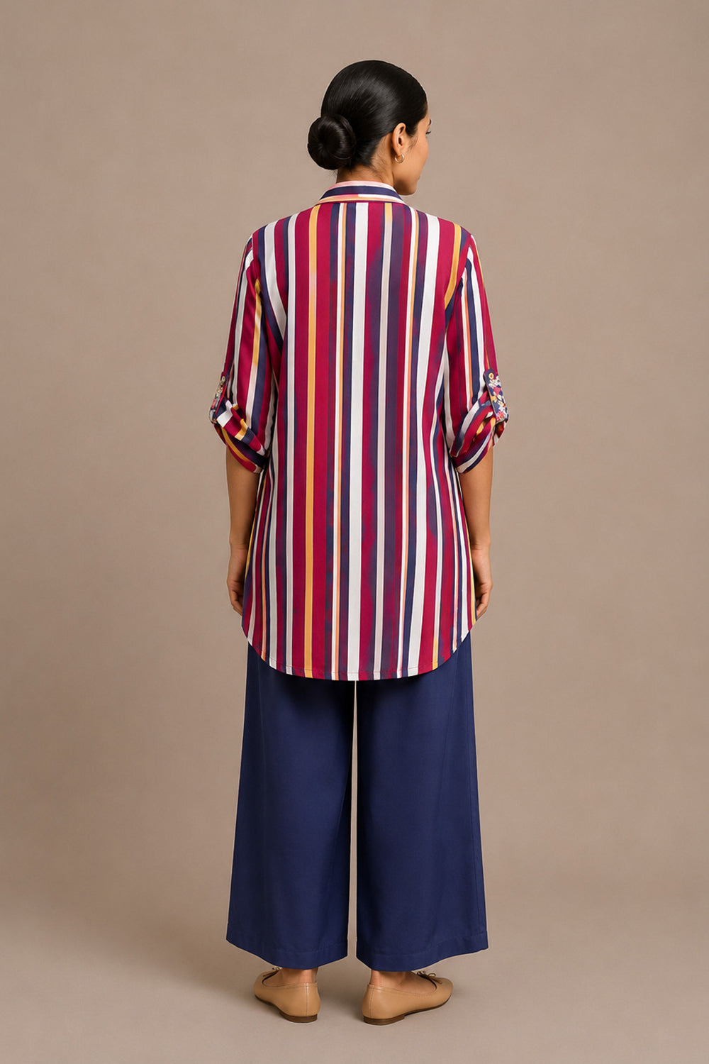 Multicolor Striped Tunic Co-Ord Set with Solid Wide-Leg Palazzo