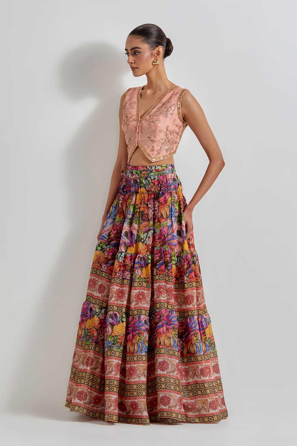 Multicolour Floirka Printed Skirt Paired With Organza Hand Embellished Waist Coat