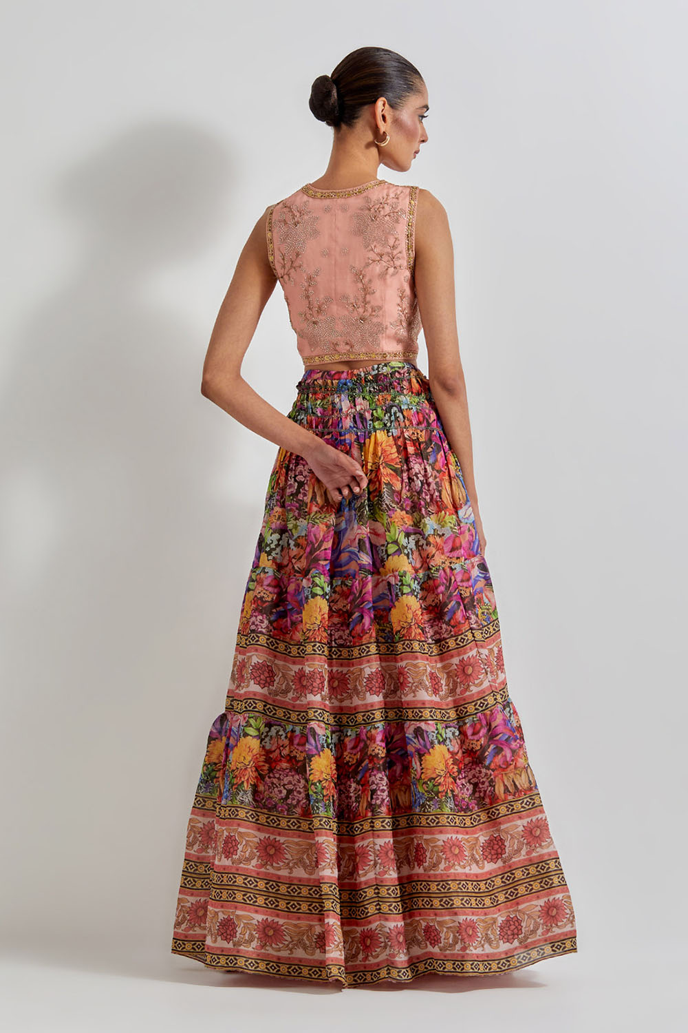 Multicolour Floirka Printed Skirt Paired With Organza Hand Embellished Waist Coat