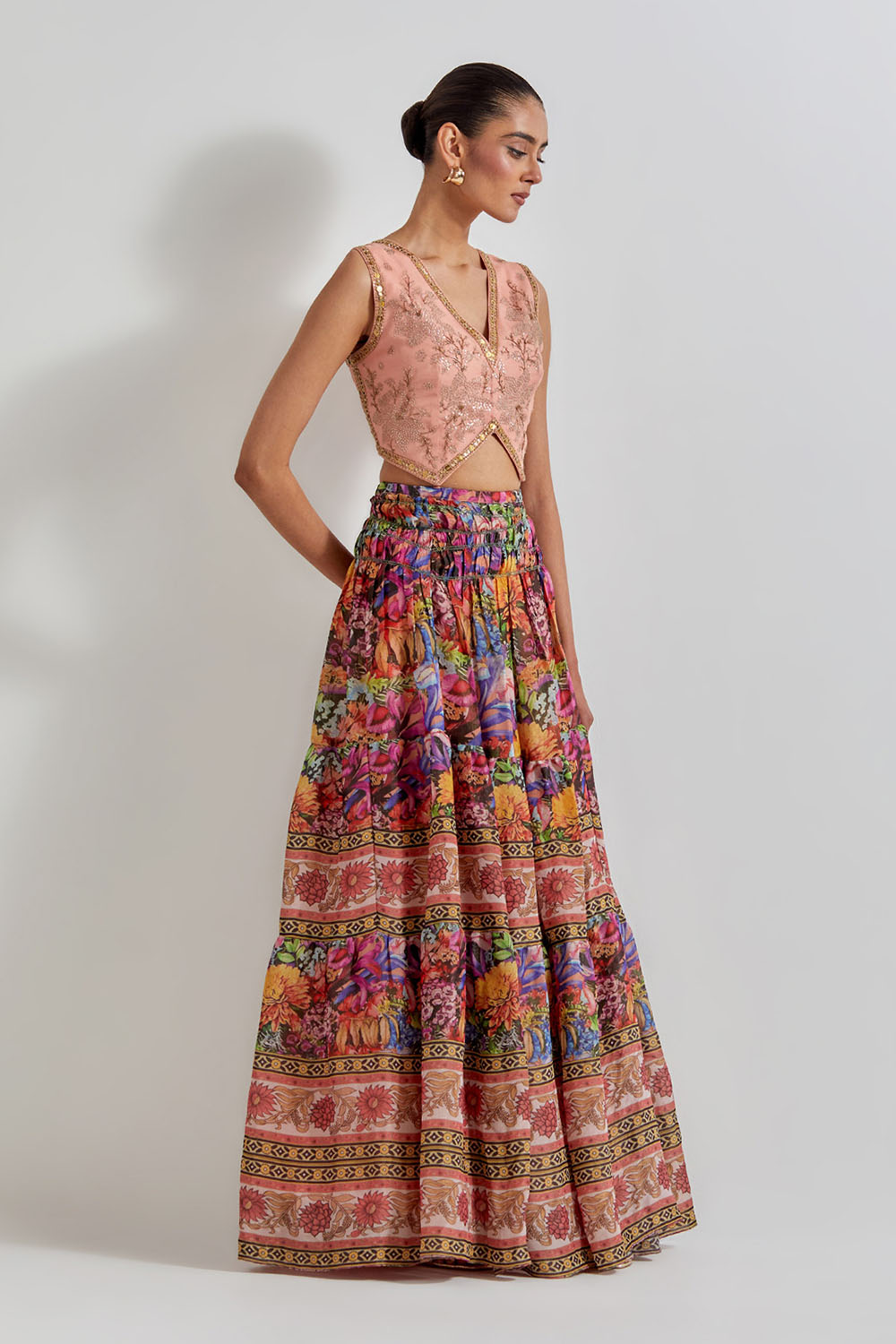 Multicolour Floirka Printed Skirt Paired With Organza Hand Embellished Waist Coat