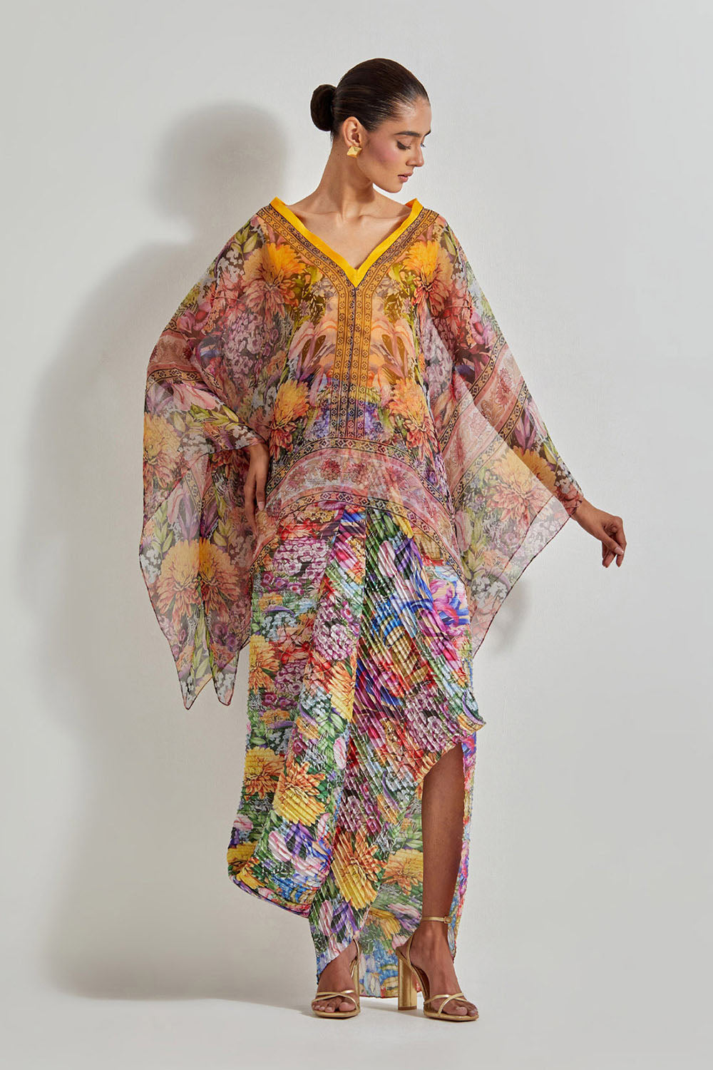 Multicolour Florika Crinkle Drape Dress Paired With Printed Kaftan Top