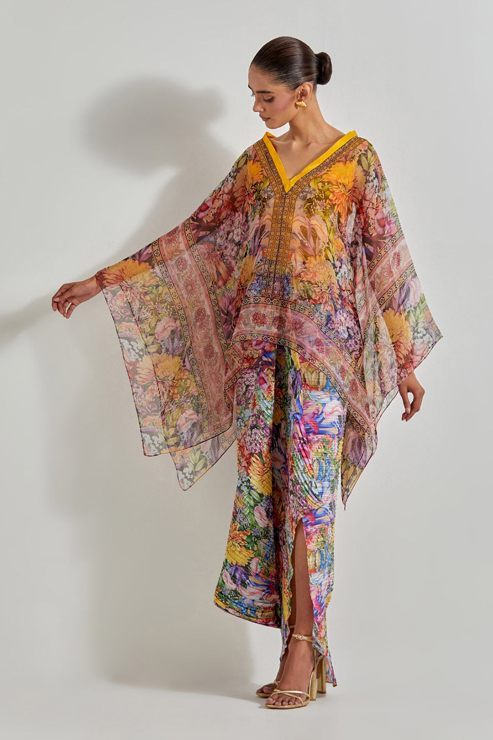 Multicolour Florika Crinkle Drape Dress Paired With Printed Kaftan Top