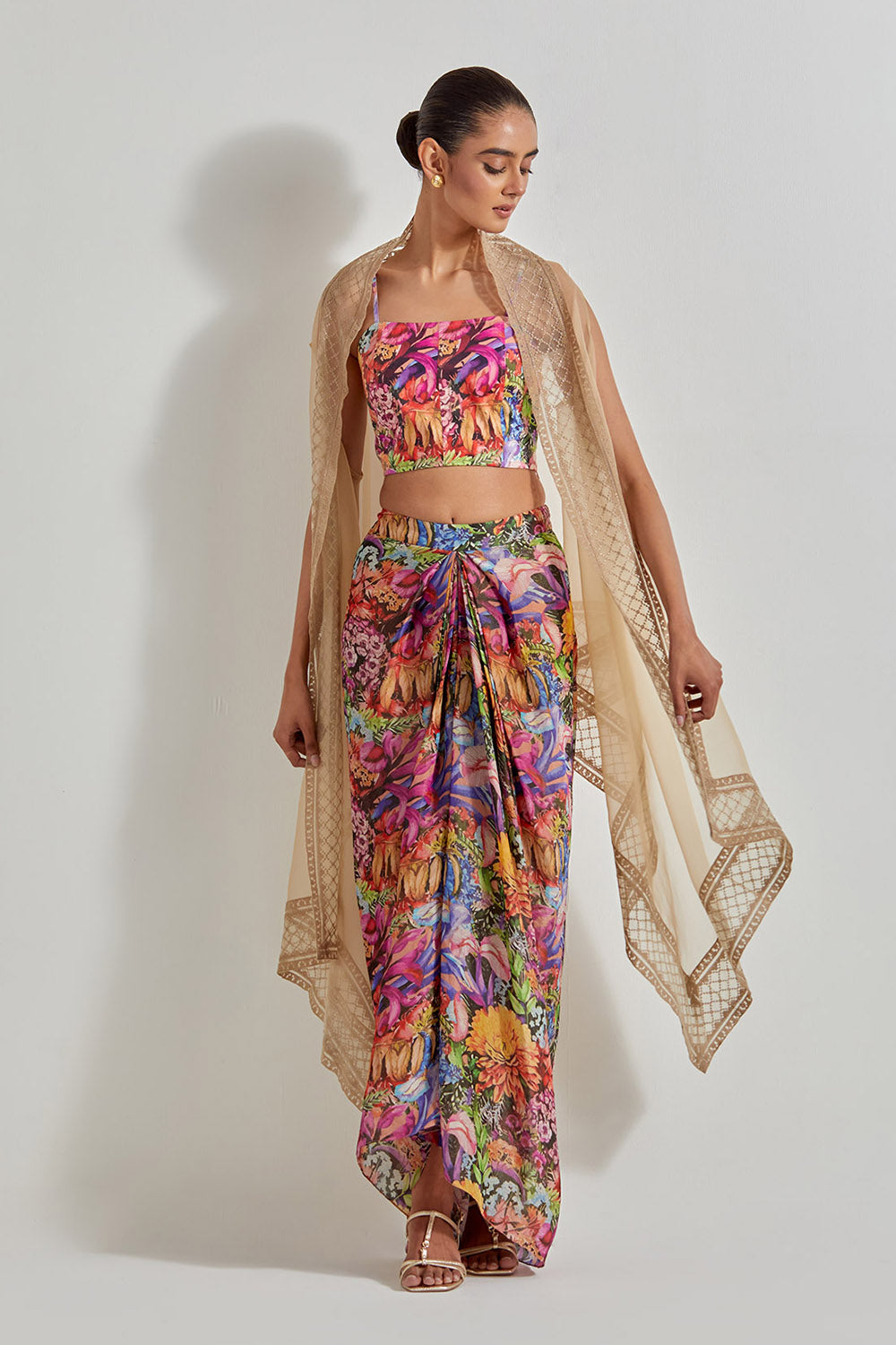 Multicolour Florika Drape Skirt And Bustier Paired With Organza Silk Cape With Emroidered Border
