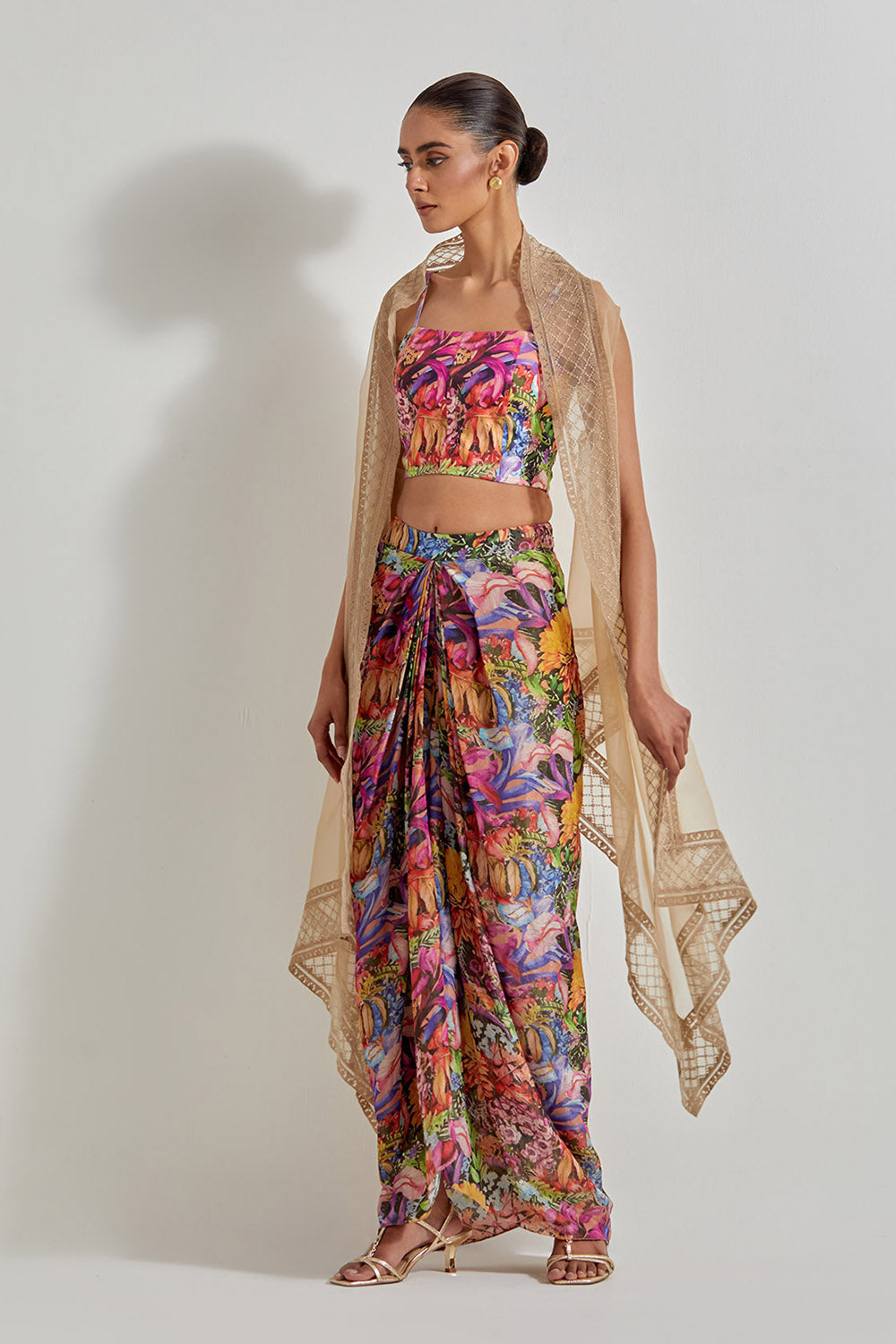 Multicolour Florika Drape Skirt And Bustier Paired With Organza Silk Cape With Emroidered Border