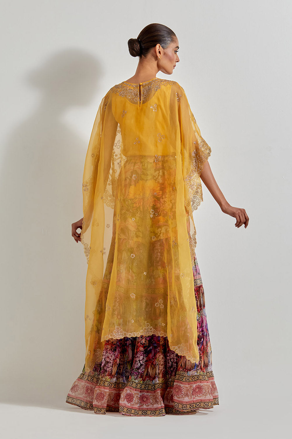 Multicolour Florika Organza Printed Sharara Paired With Organza Hand Embellished High Low Cape