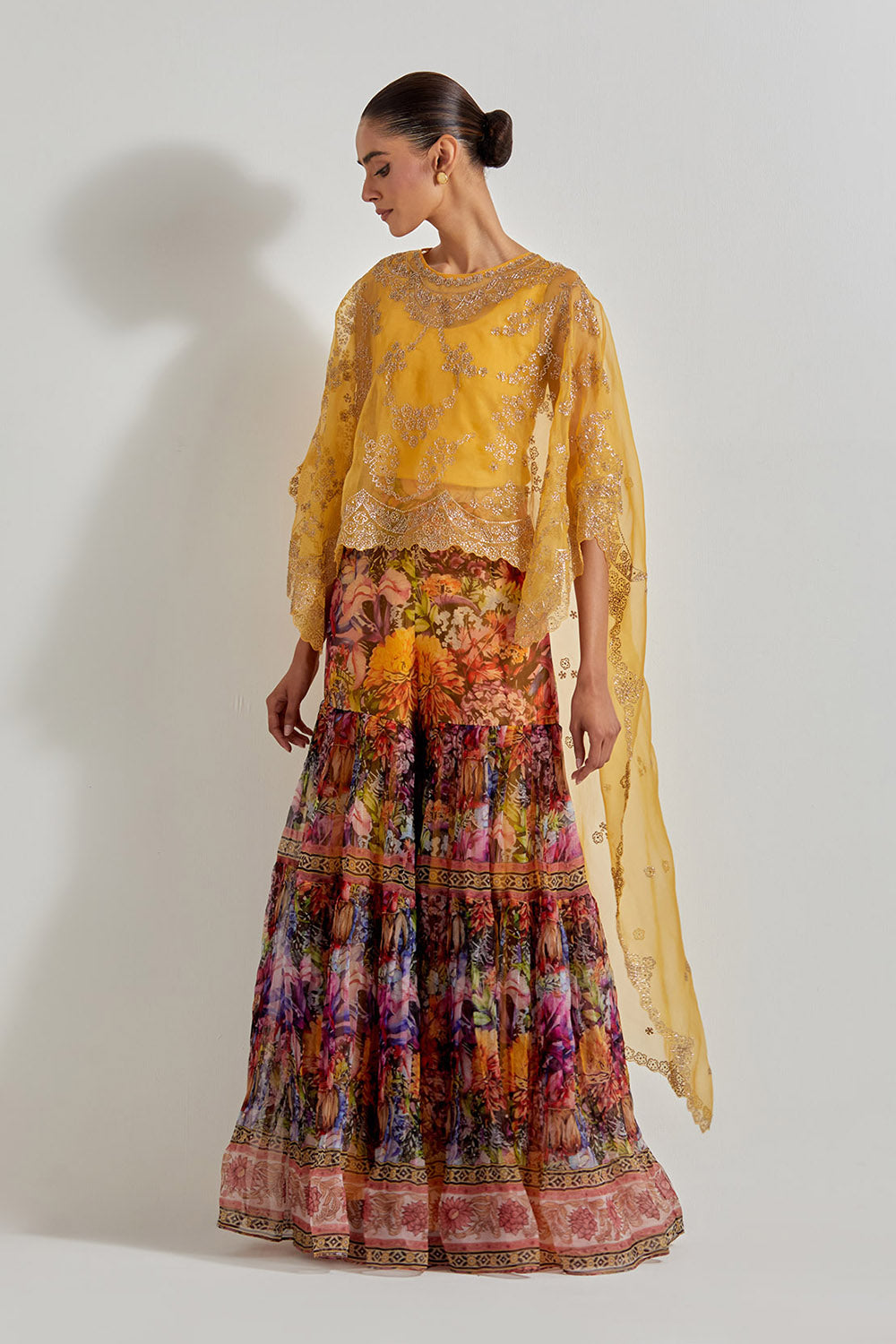 Multicolour Florika Organza Printed Sharara Paired With Organza Hand Embellished High Low Cape