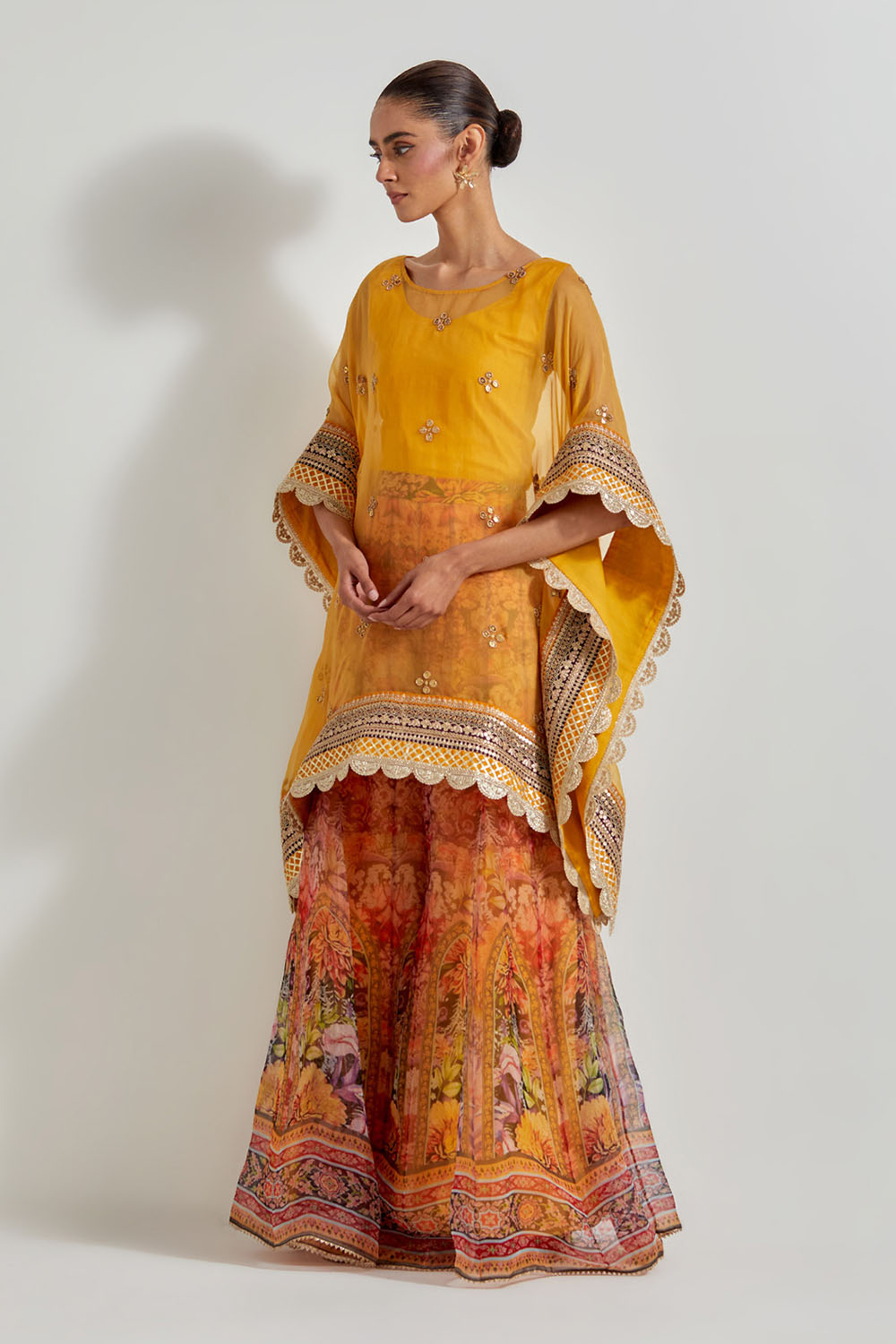 Multicolour Florika Organza Printed Sharara Paired With Organza Kaftan Tunic