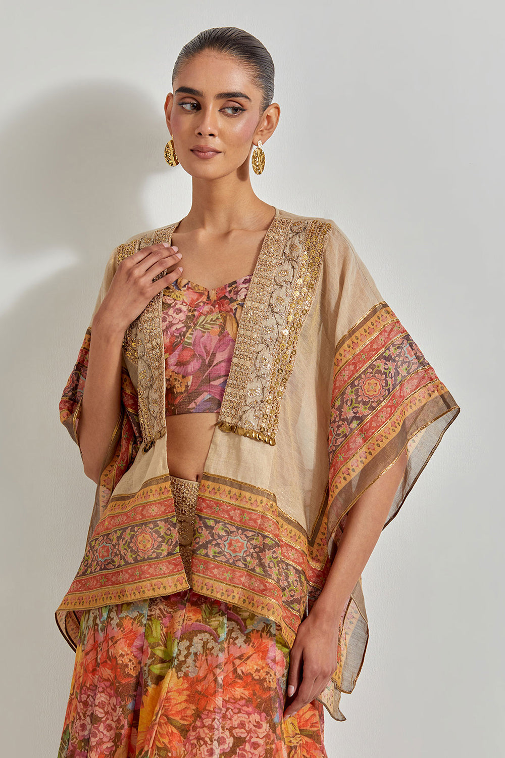 Multicolour Florika Organza Printed Skirt Paired With Hand Embellished Cape