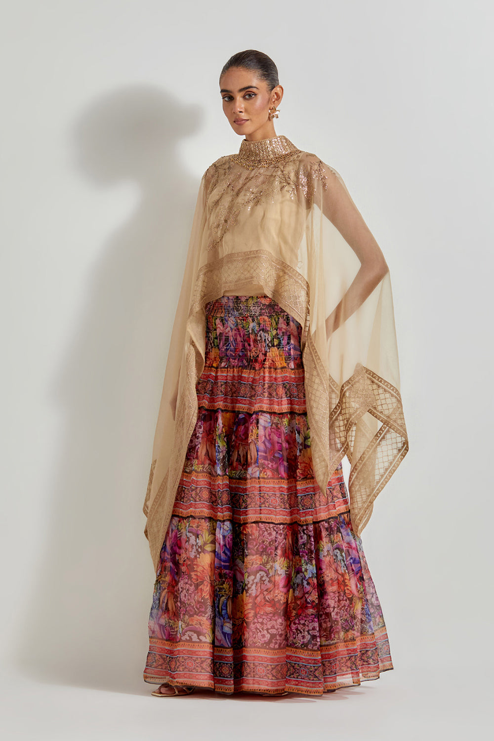 Multicolour Florika Organza Printed Skirt Paired With Hand Embellished Cape
