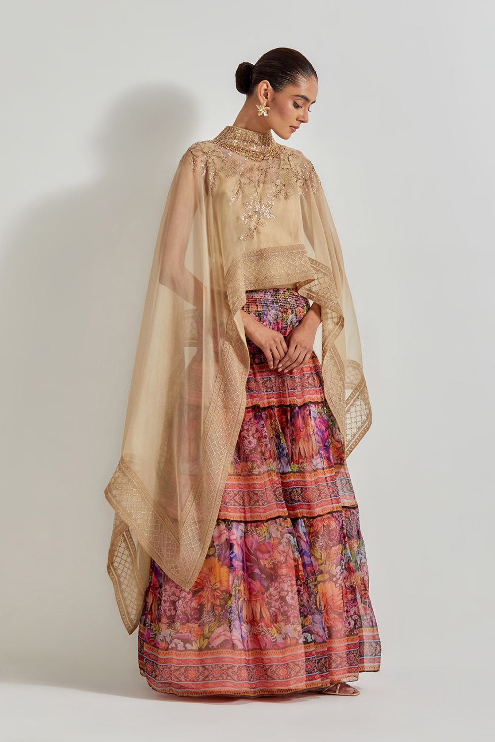 Multicolour Florika Organza Printed Skirt Paired With Hand Embellished Cape