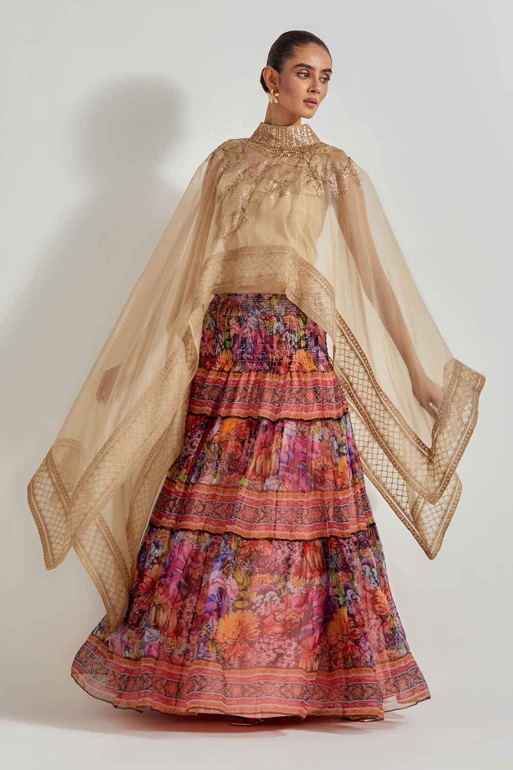 Multicolour Florika Organza Printed Skirt Paired With Hand Embellished Cape