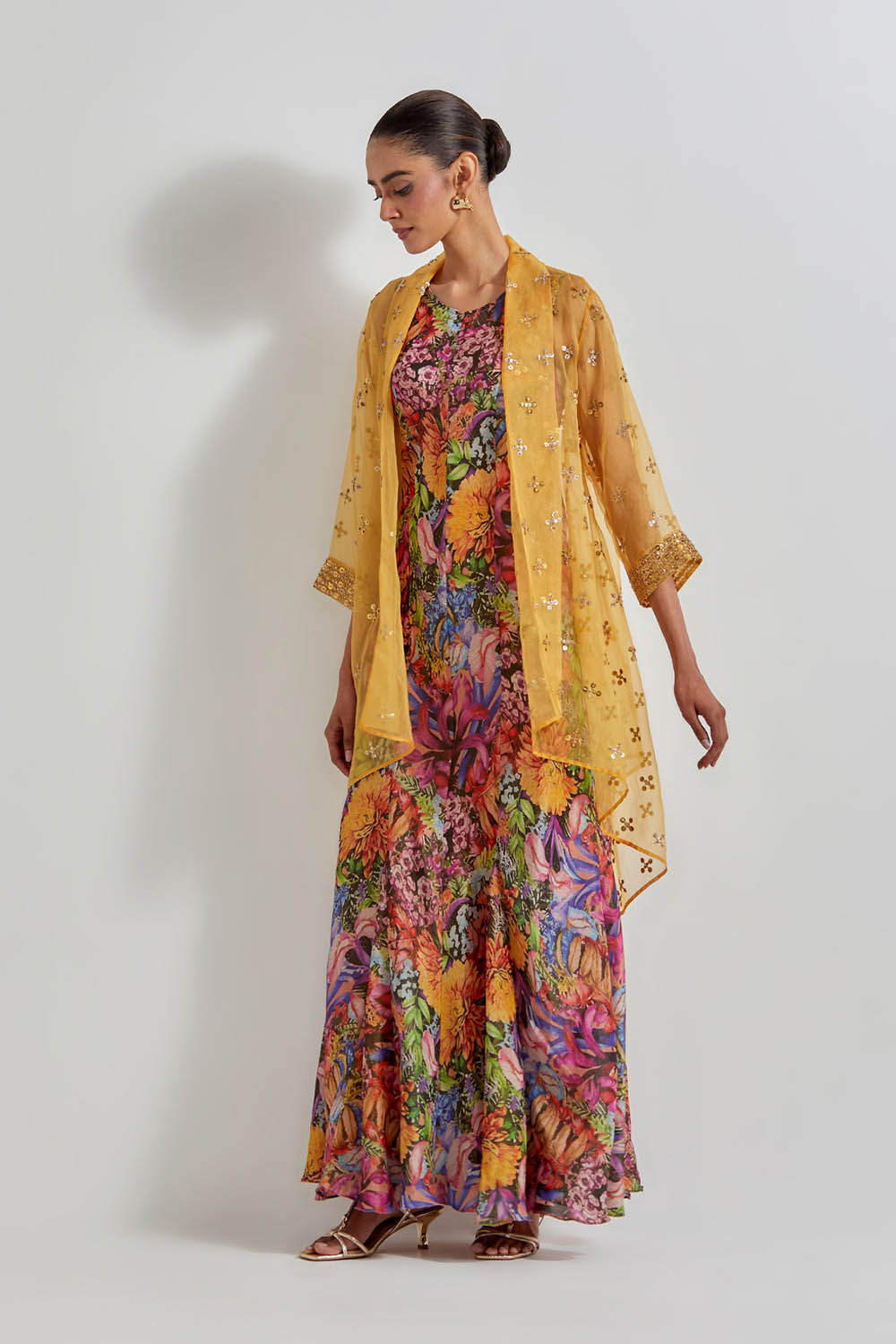 Multicolour Florika Printed Drape Dress Paired With Silk Organza Hand Embellished Cape Jacket