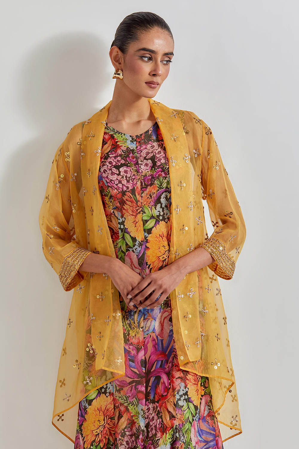 Multicolour Florika Printed Drape Dress Paired With Silk Organza Hand Embellished Cape Jacket