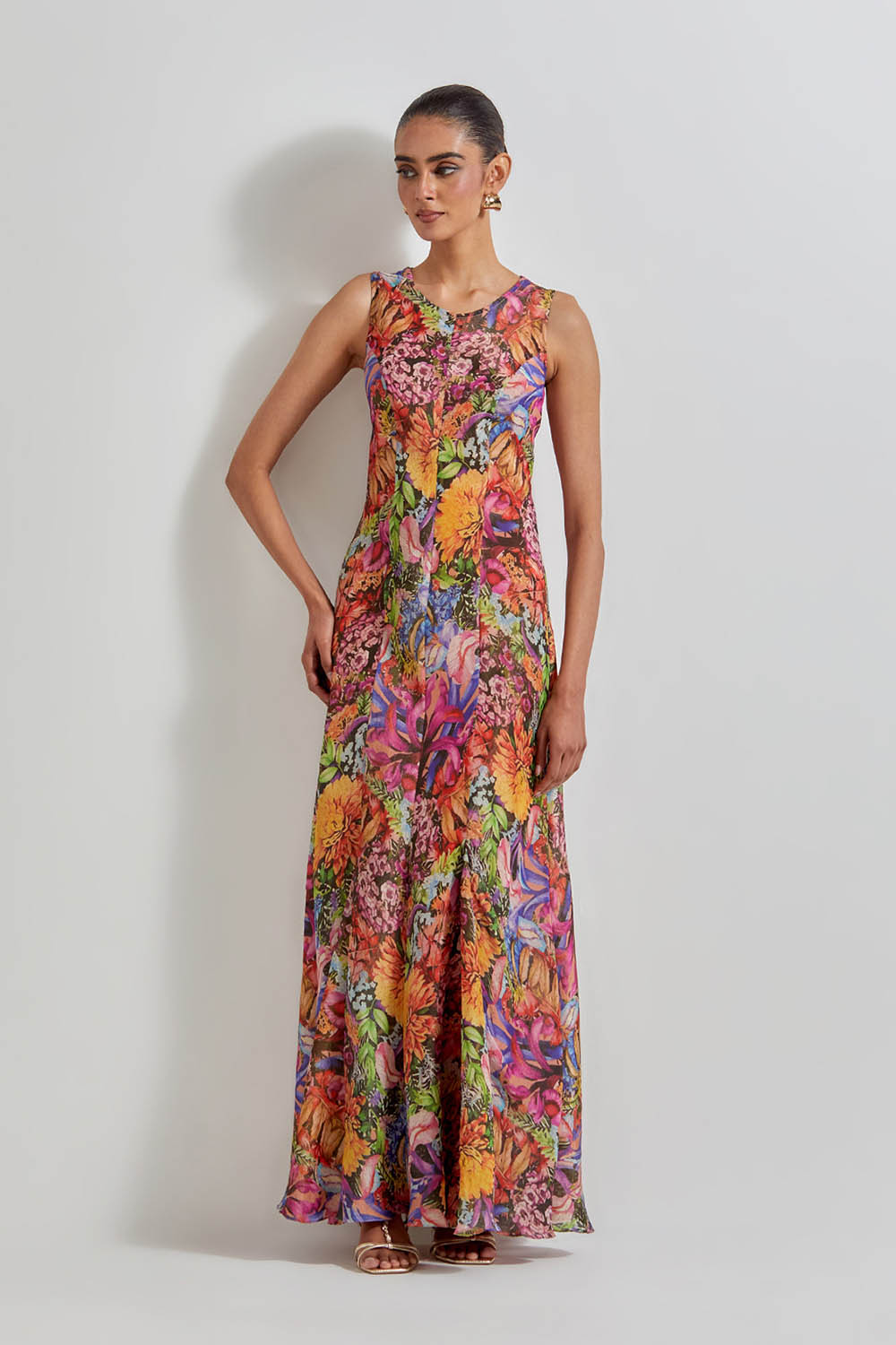 Multicolour Florika Printed Drape Dress Paired With Silk Organza Hand Embellished Cape Jacket