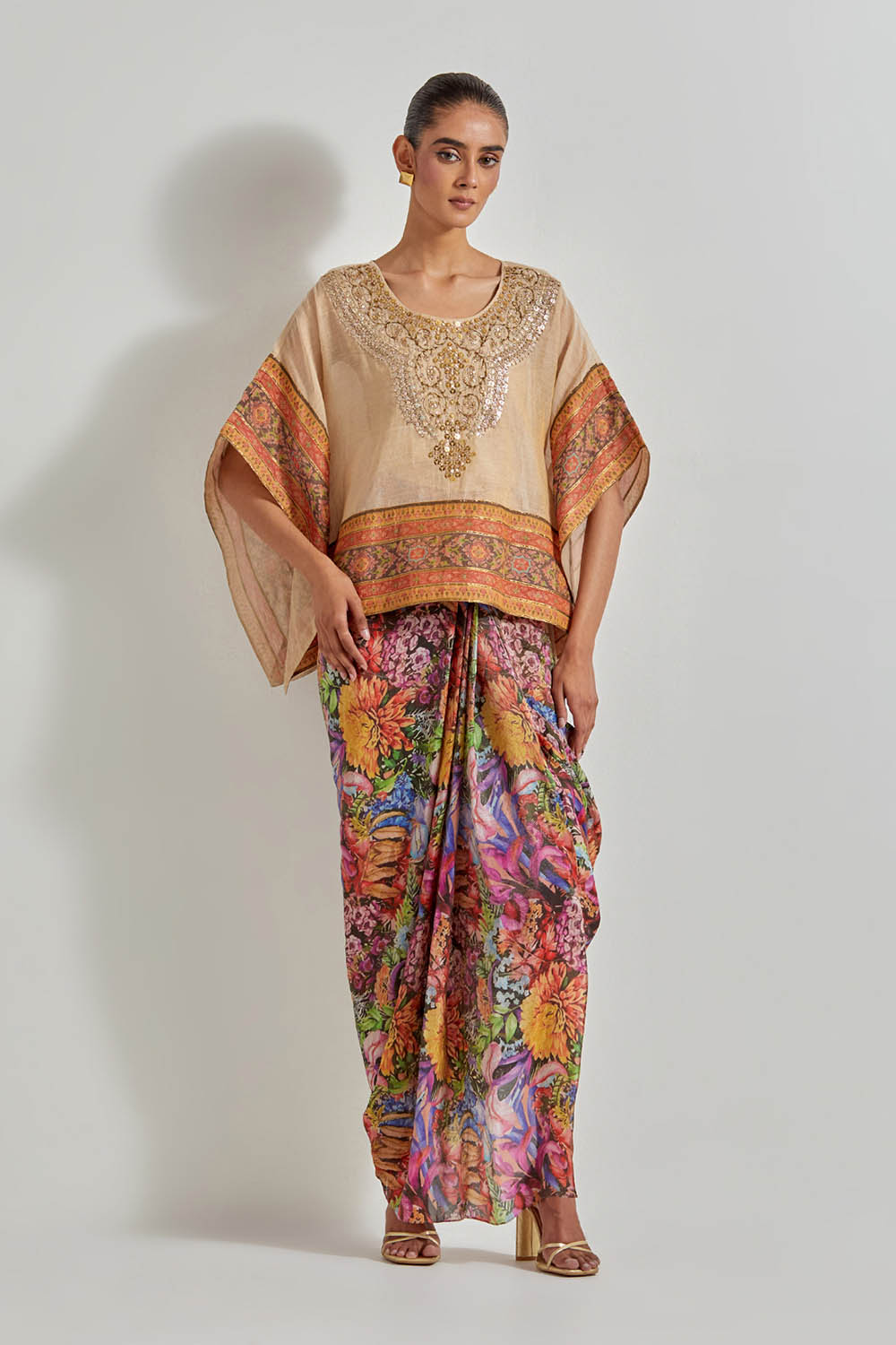Multicolour Florika Printed Drape Skirt Paired Withm Tissue Chanderi Kaftan Top