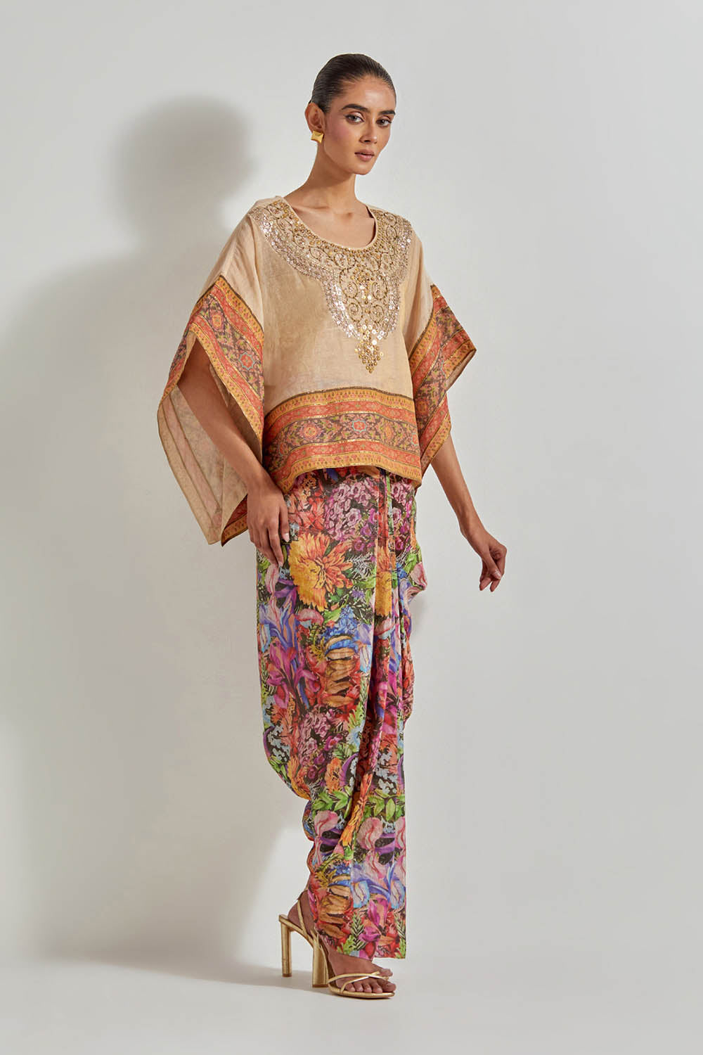 Multicolour Florika Printed Drape Skirt Paired Withm Tissue Chanderi Kaftan Top