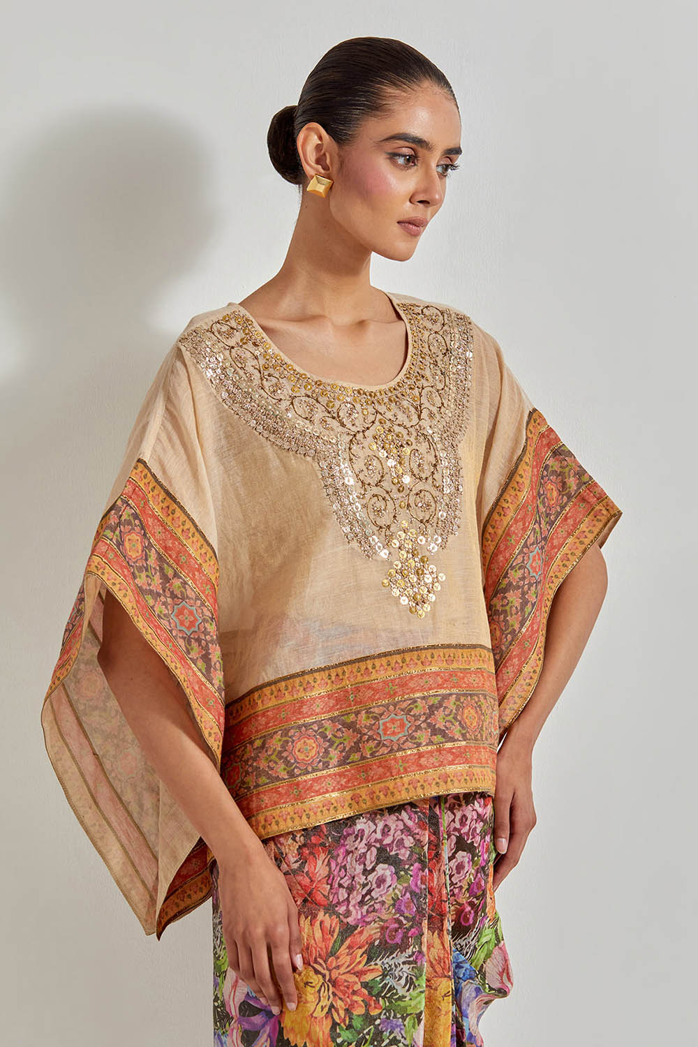 Multicolour Florika Printed Drape Skirt Paired Withm Tissue Chanderi Kaftan Top