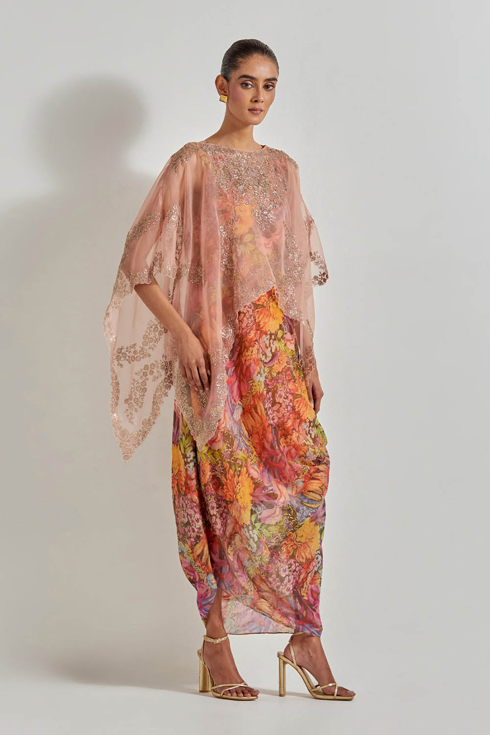 Multicolour Florika Printed Dress Paired With Hand Embellished Organza High Low Cape