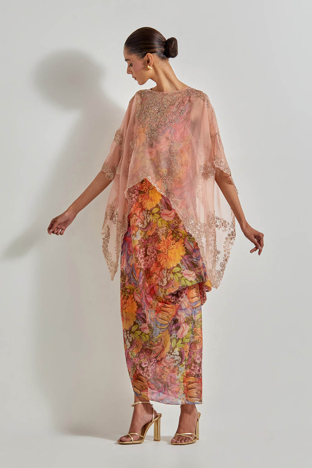 Multicolour Florika Printed Dress Paired With Hand Embellished Organza High Low Cape
