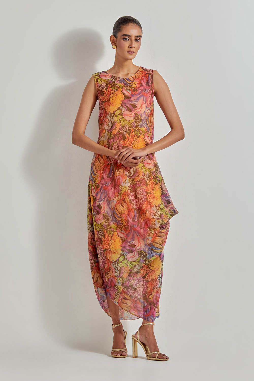 Multicolour Florika Printed Dress Paired With Hand Embellished Organza High Low Cape