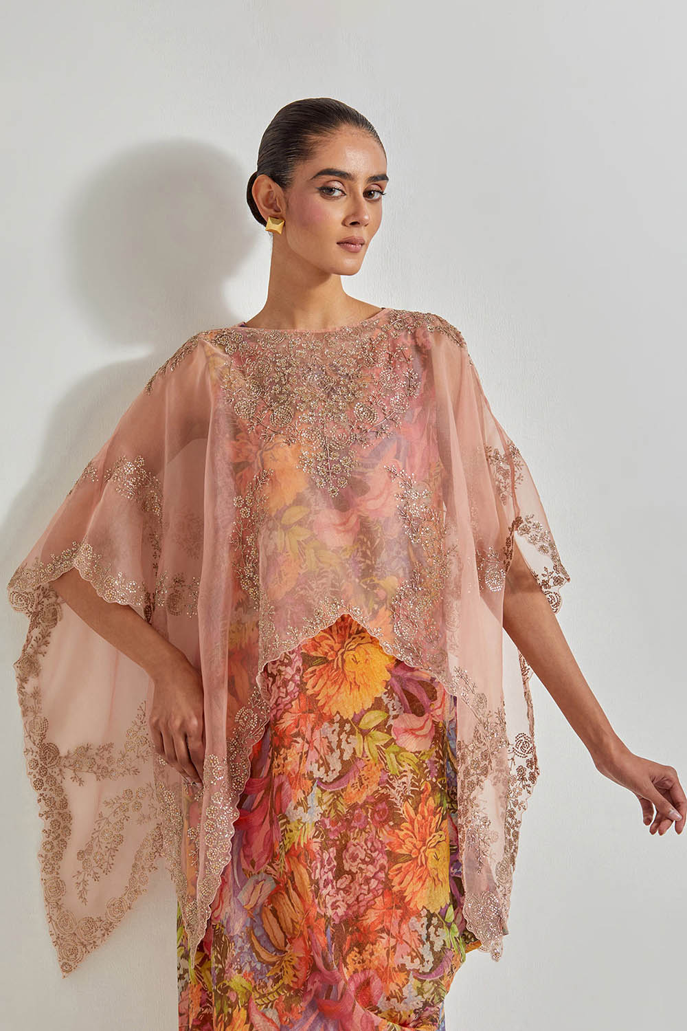 Multicolour Florika Printed Dress Paired With Hand Embellished Organza High Low Cape