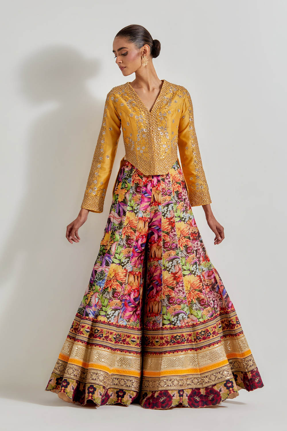 Multicolour Florika Printed Pants Paired With Chanderi Silk Hand Embellished Jacket