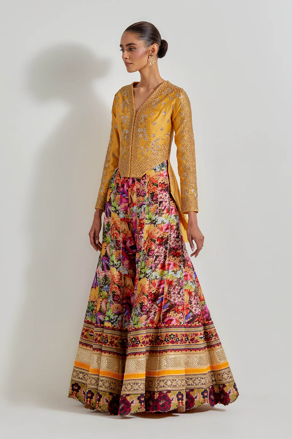 Multicolour Florika Printed Pants Paired With Chanderi Silk Hand Embellished Jacket