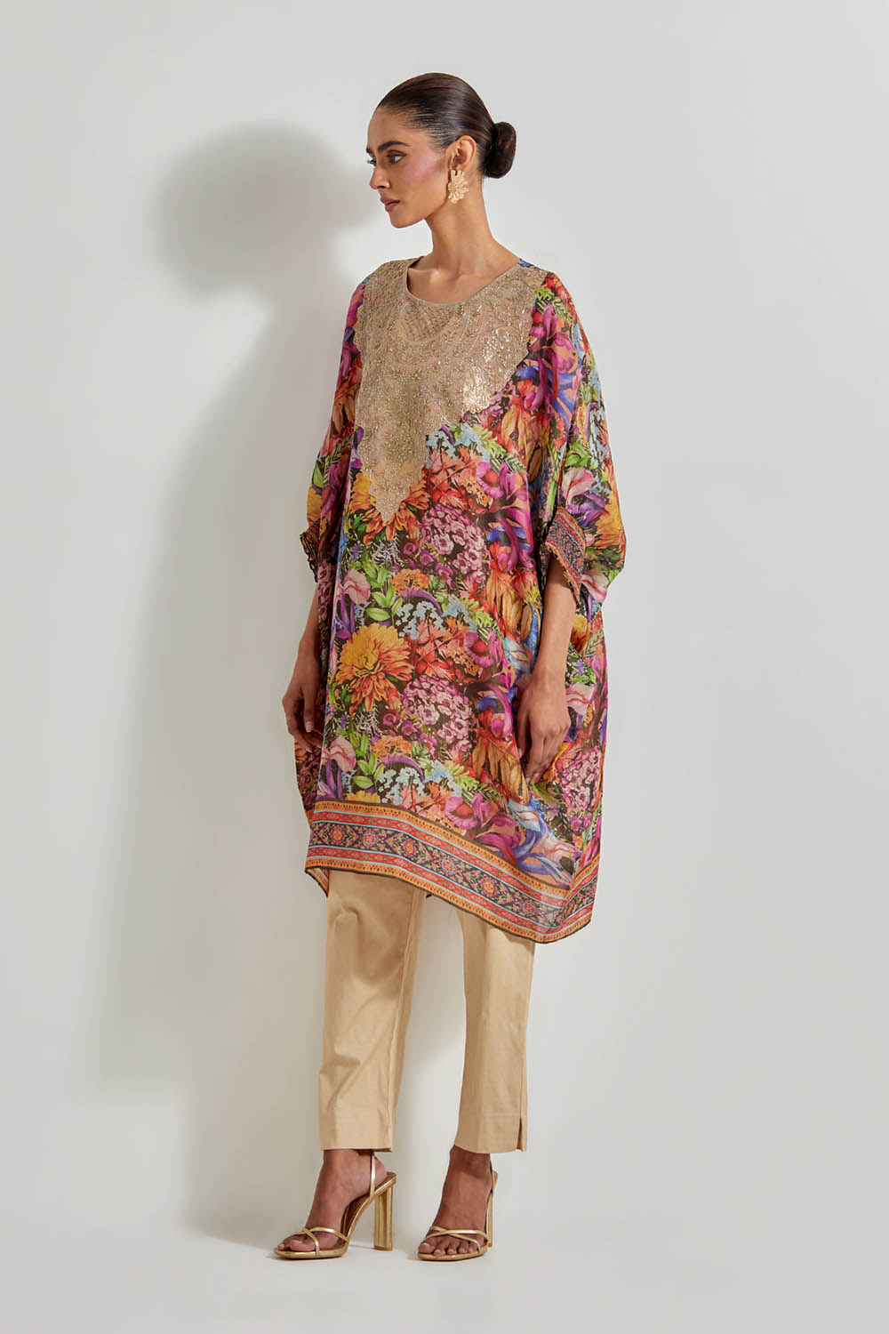 Multicolour Florika Tissue Chanderi Printed Kaftan Tunic With Hand Neckline Paired With Lycra Pants