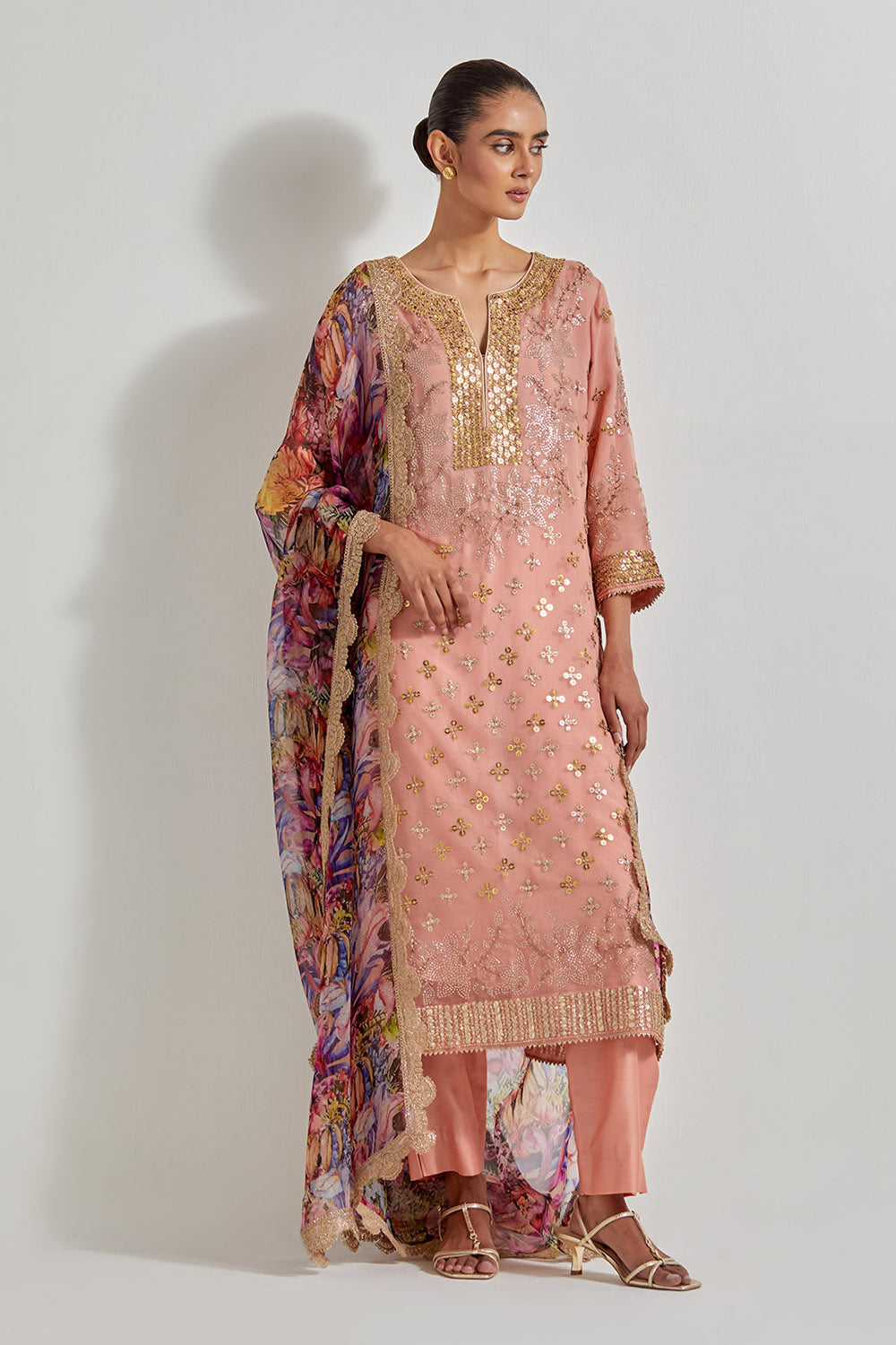 Multicolour Organza Hand Embellished Kurta Paired With Florika Printed Dupatta And Chanderi Pants