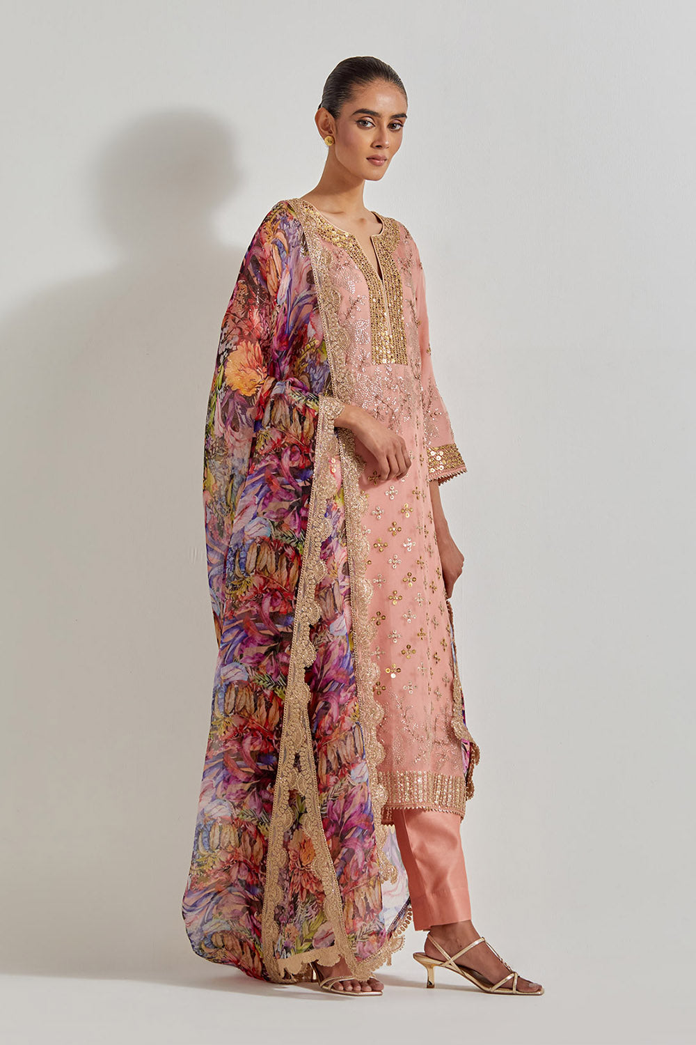 Multicolour Organza Hand Embellished Kurta Paired With Florika Printed Dupatta And Chanderi Pants