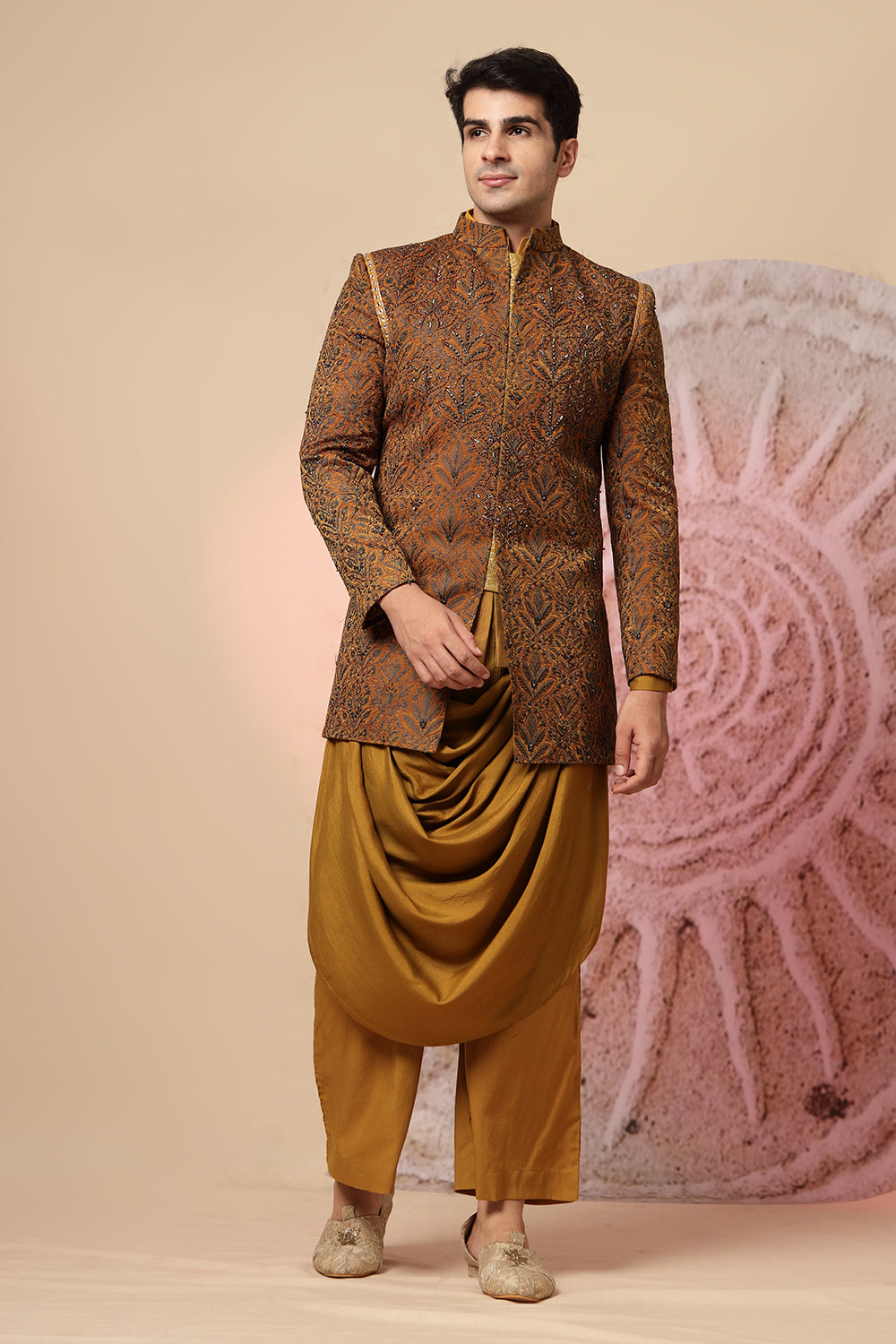 Mustard Brown Draped Cowl Kurta Set With Heavy Embroidered Jacket