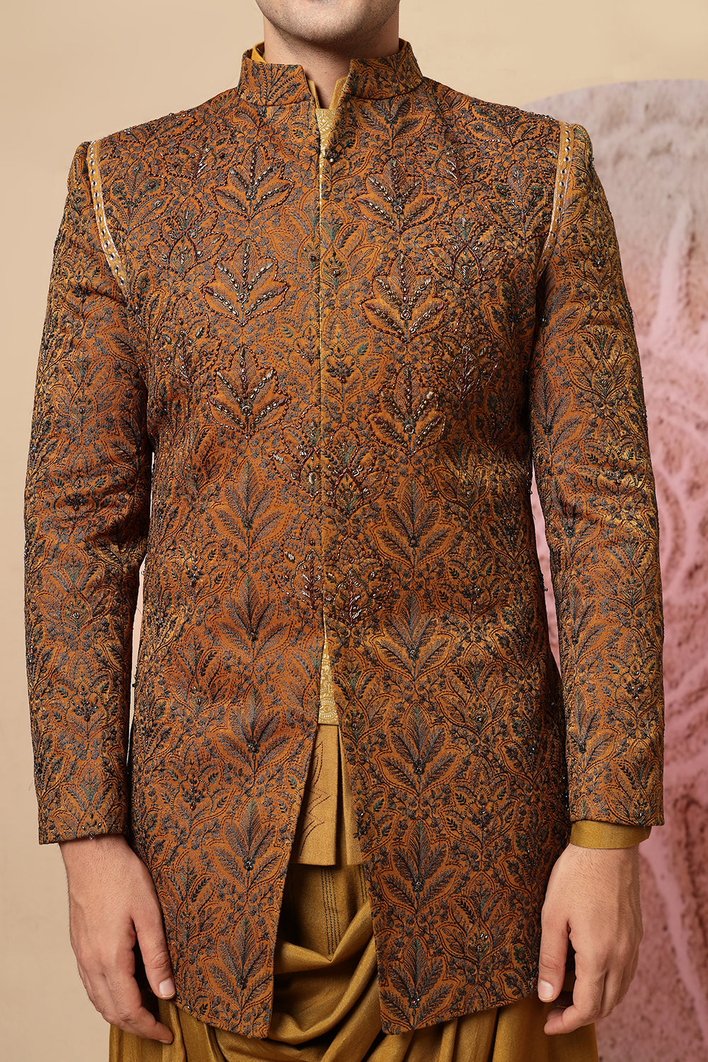 Mustard Brown Draped Cowl Kurta Set With Heavy Embroidered Jacket