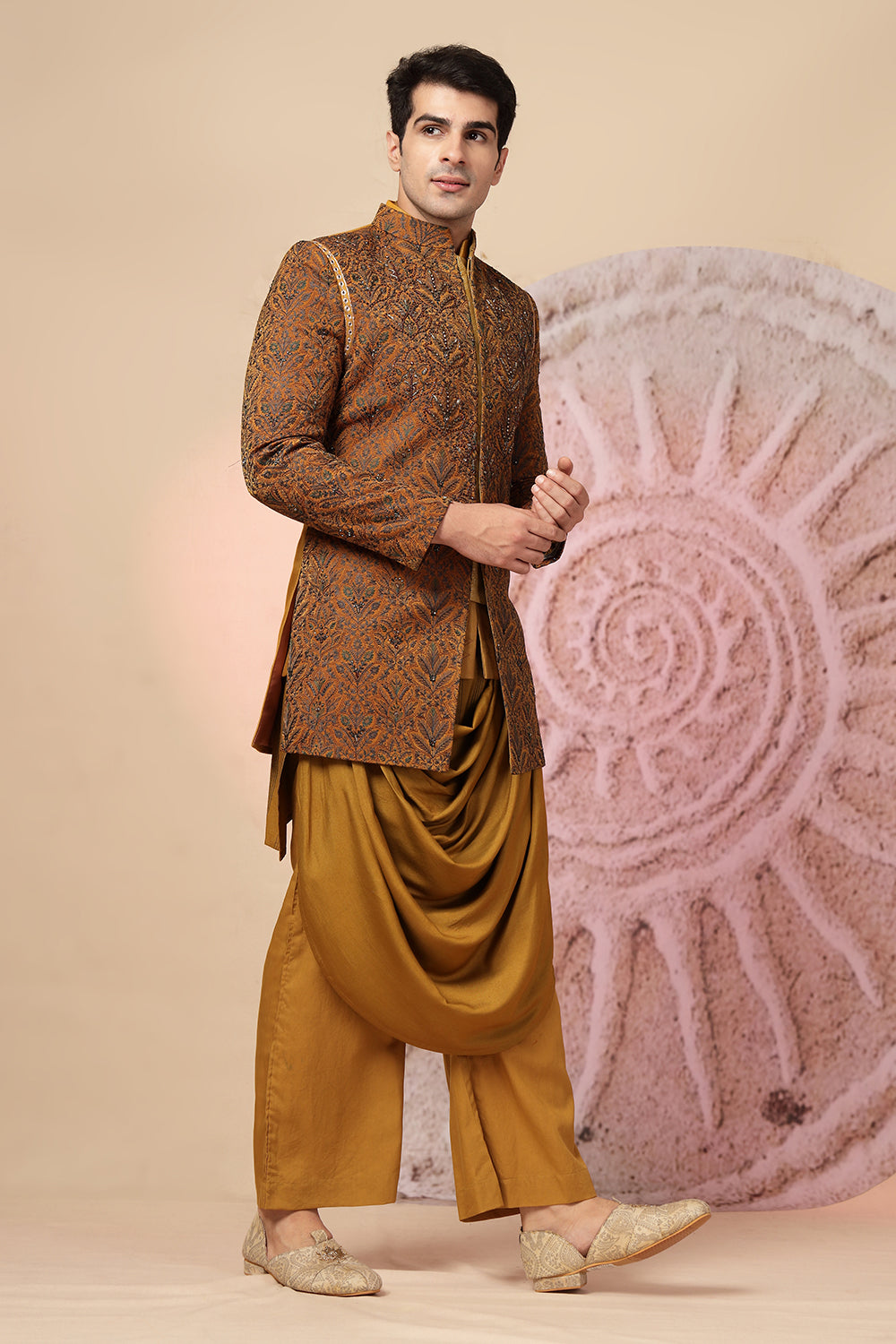 Mustard Brown Draped Cowl Kurta Set With Heavy Embroidered Jacket
