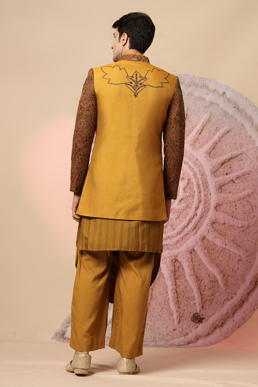 Mustard Brown Draped Cowl Kurta Set With Heavy Embroidered Jacket