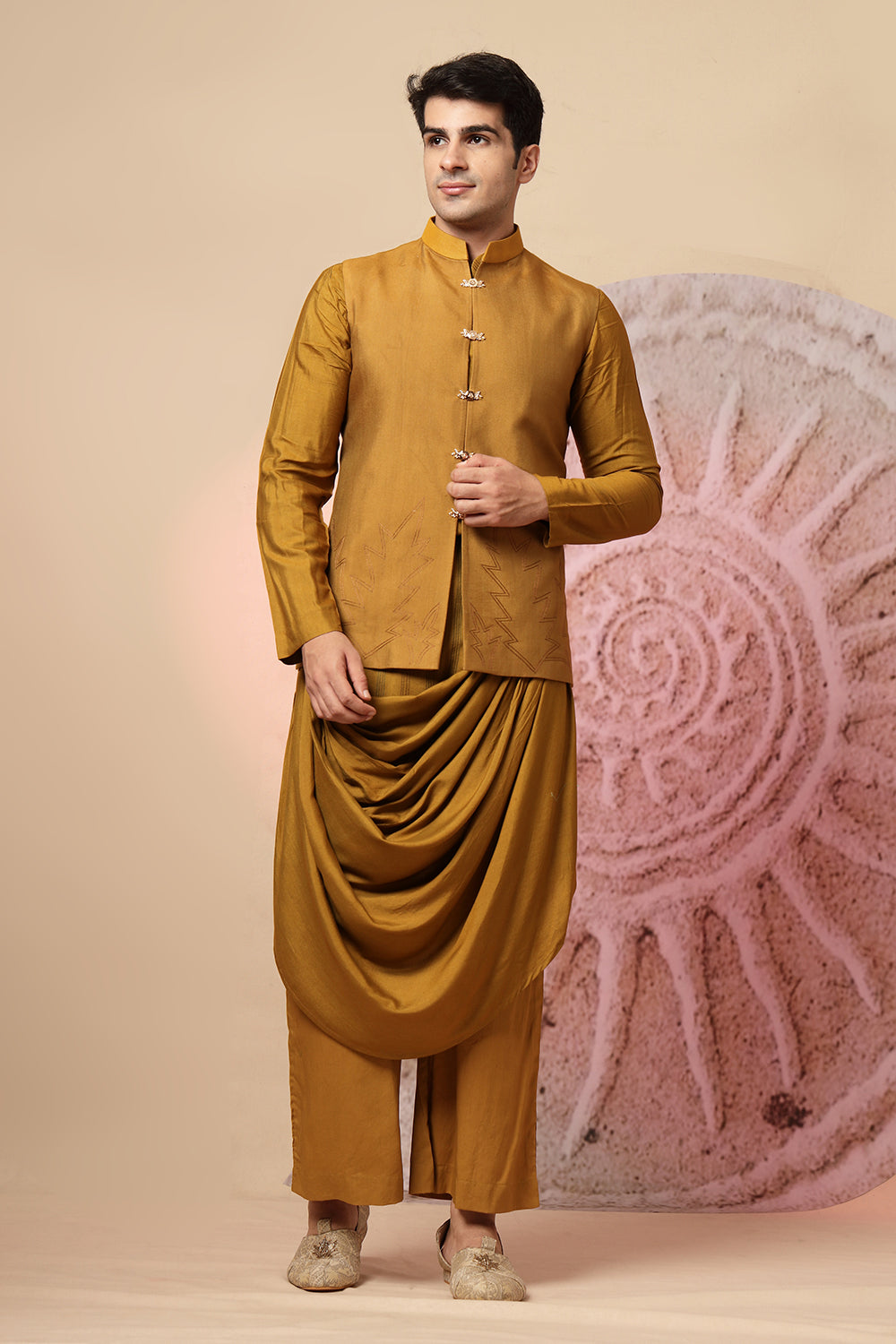 Mustard Brown Draped Cowl Kurta Set With Heavy Embroidered Jacket