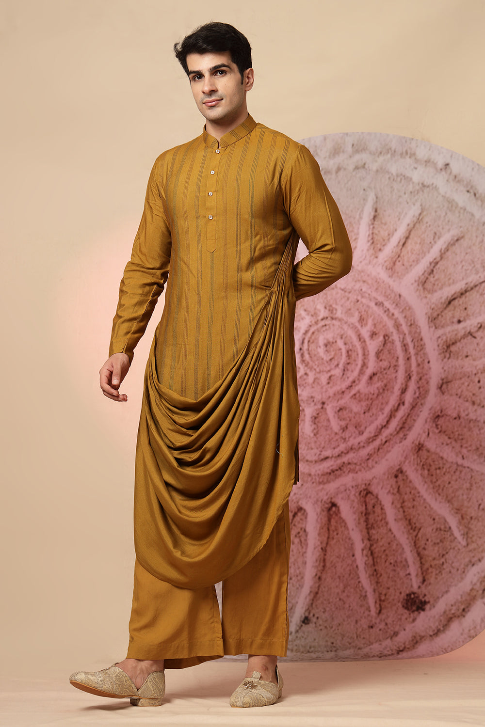 Mustard Brown Draped Cowl Kurta Set With Heavy Embroidered Jacket