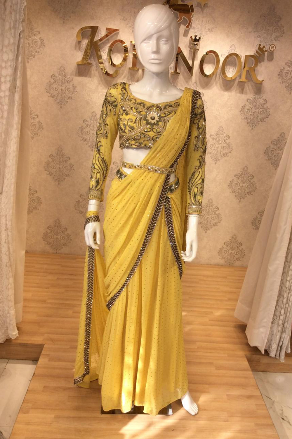 Mustard Yellow Drape Saree Gown with Black & Gold Embroidered Blouse