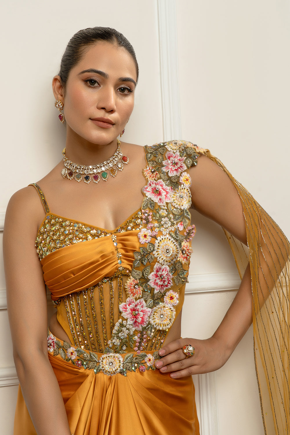 Mustard yellow drape saree set woth bodysuit