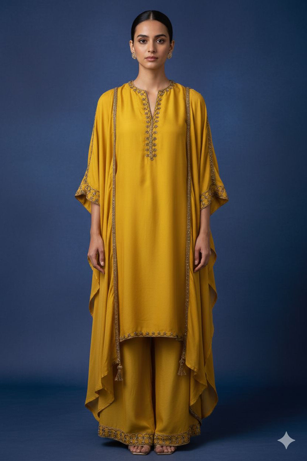 Mustard yellow kurta set with embroidery on neck,hem and sleeves