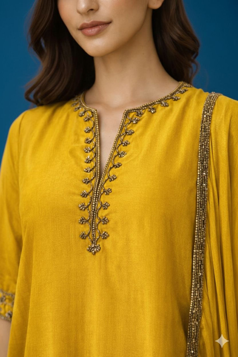 Mustard yellow kurta set with embroidery on neck,hem and sleeves