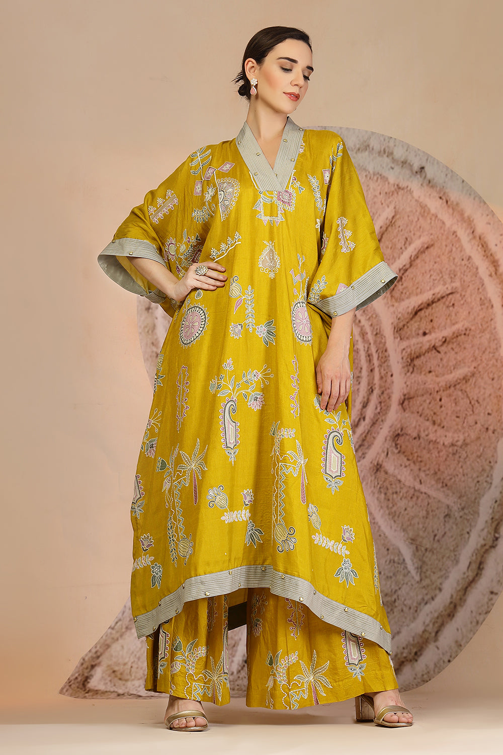 Mustard Yellow Slub Cotton Kaftan Set with Tribal Patchwork & Metallic Accents