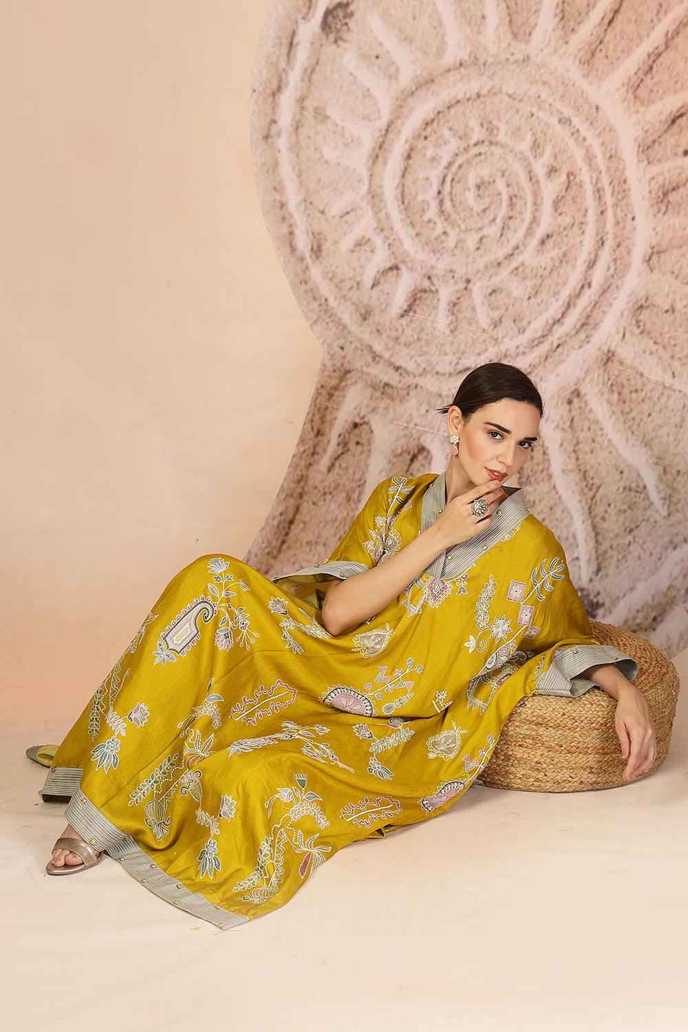 Mustard Yellow Slub Cotton Kaftan Set with Tribal Patchwork & Metallic Accents