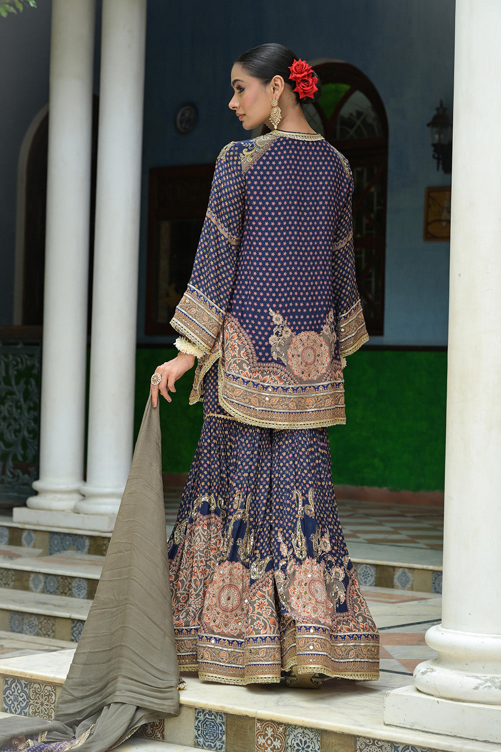 Navy Blue Crepe Sharara Suit With Embroidered Kurta And Dupatta