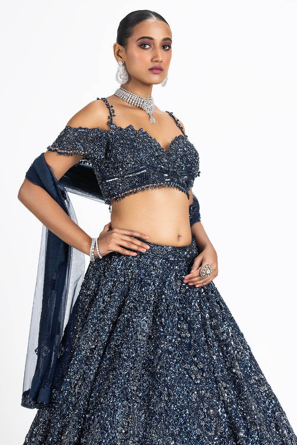 Navy Blue Flared Lehnga Choli Set With Net Dupatta