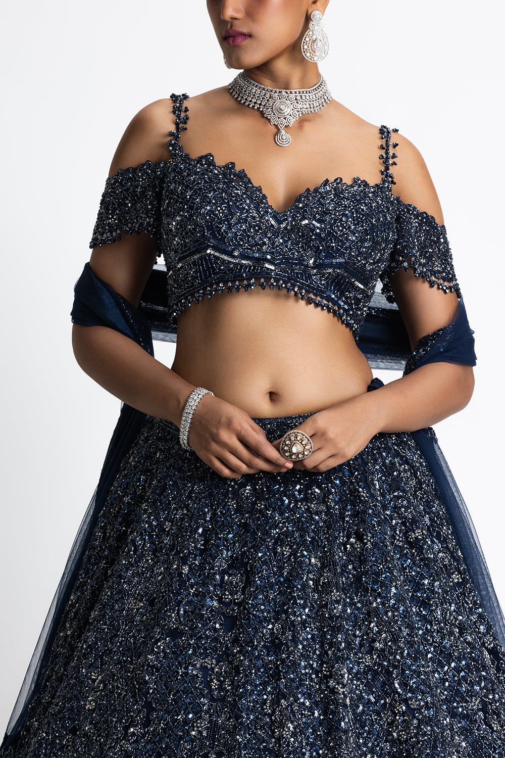 Navy Blue Flared Lehnga Choli Set With Net Dupatta