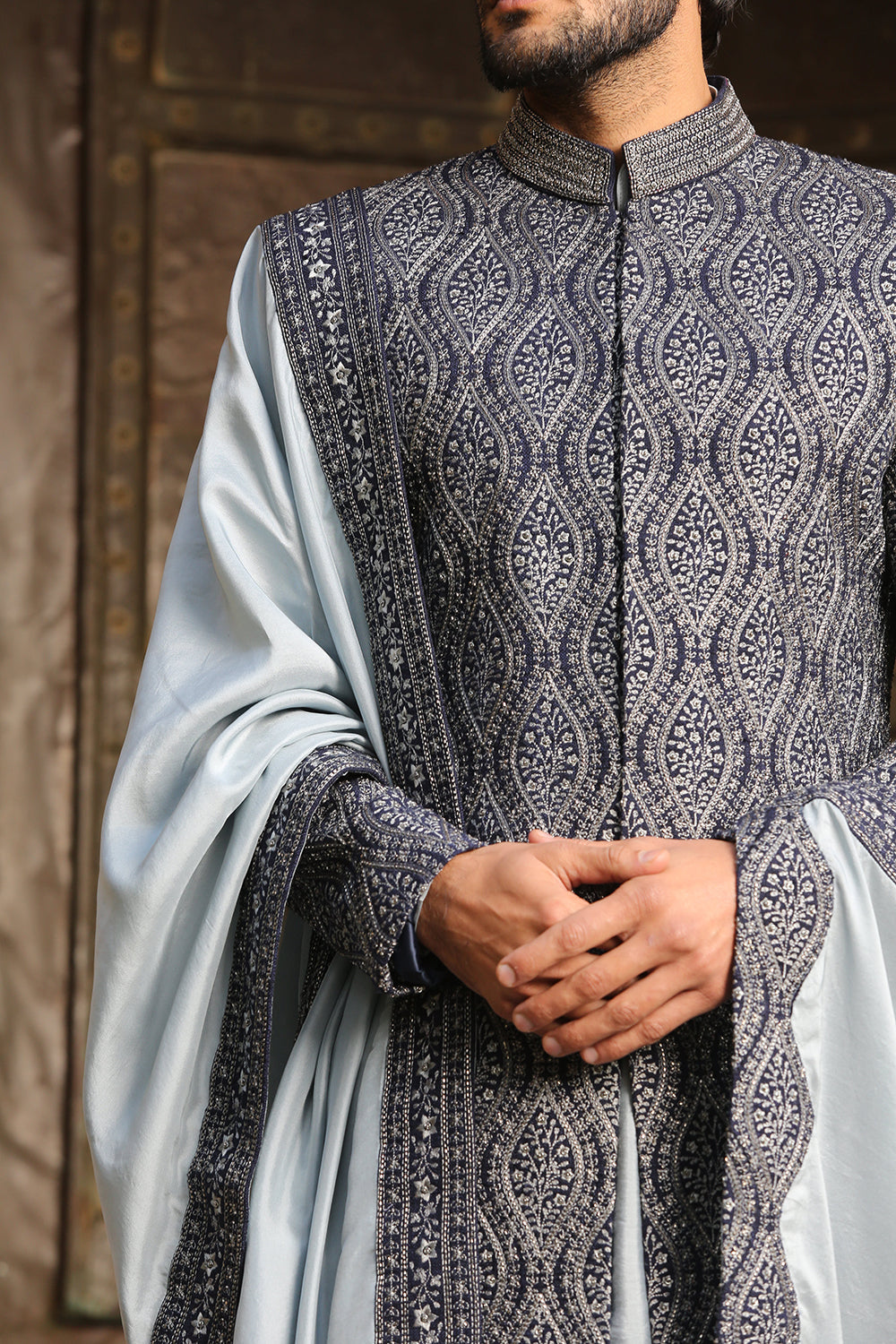 Navy Blue Matka Tussar All Over Embroidered  Achkan With Ice Blue Kurta And Trouser