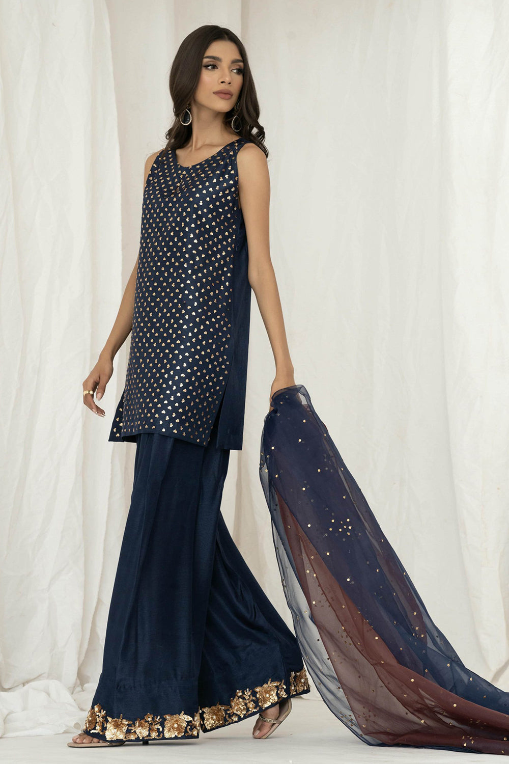 Navy Embellished Sleeveless Kurta Farshi Salwar Set with Dupatta