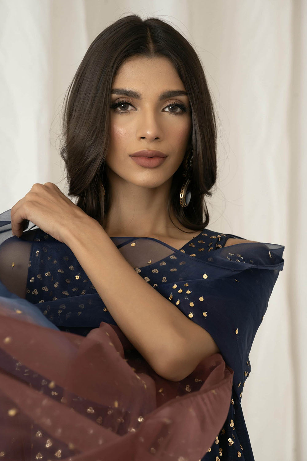 Navy Embellished Sleeveless Kurta Farshi Salwar Set with Dupatta